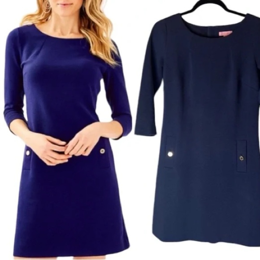 LILLY PULIZTER Navy Blue Charlene Boat Neck Dress